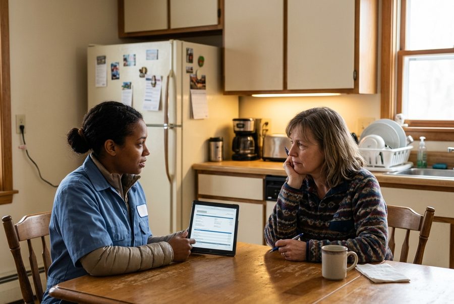 A repair technician showing a quote on a tablet to a homeowner at a kitchen table
